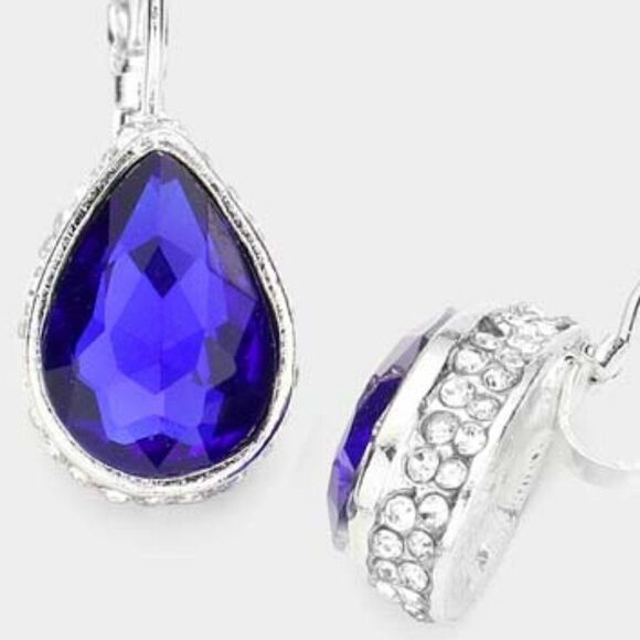 Rhinestone Blue Teardrop Stone Lever Back Silver Evening Earrings - Picture 2 of 5